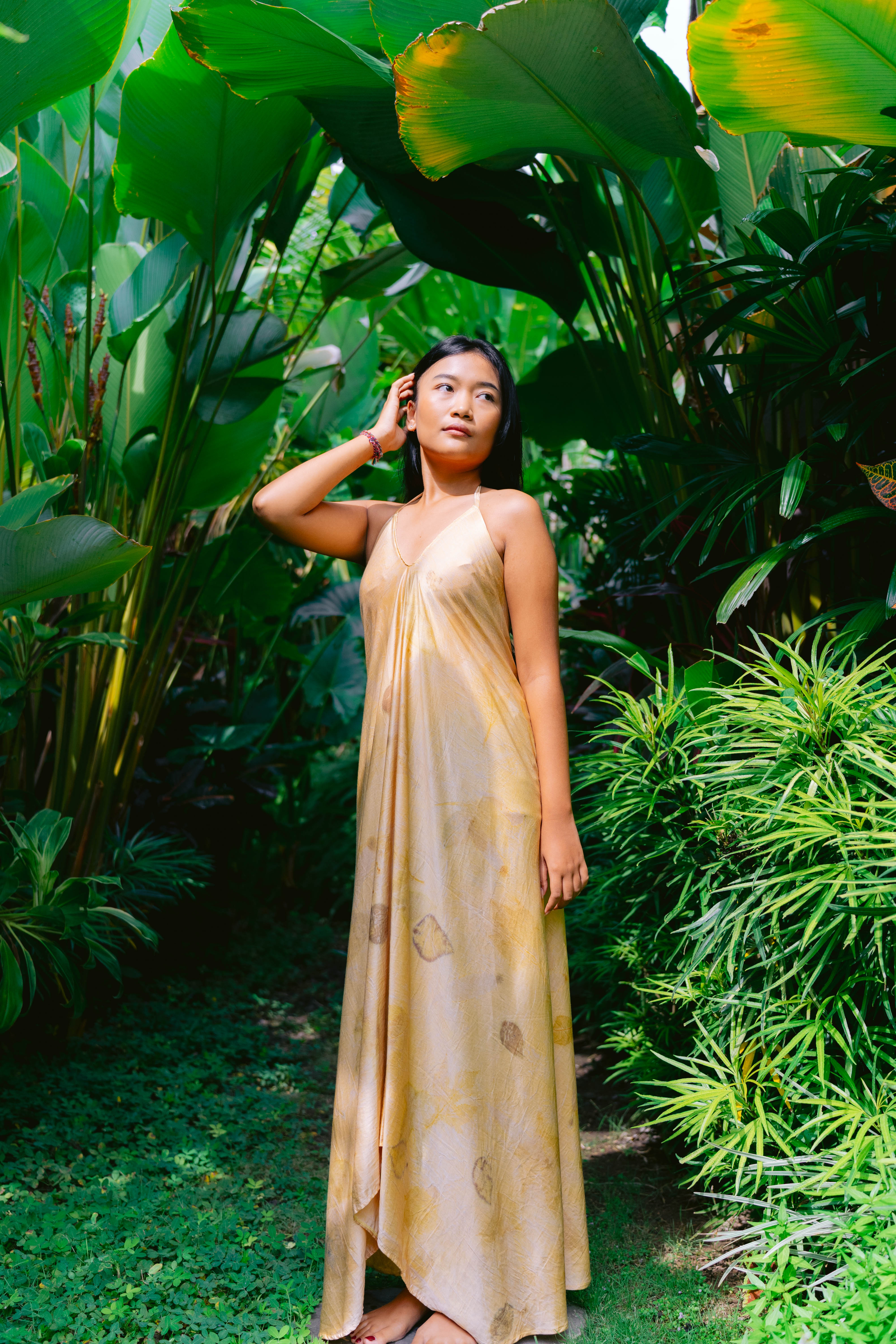 The Goddess – White & Golden Yellow Cotton Silk Eco Print Dress